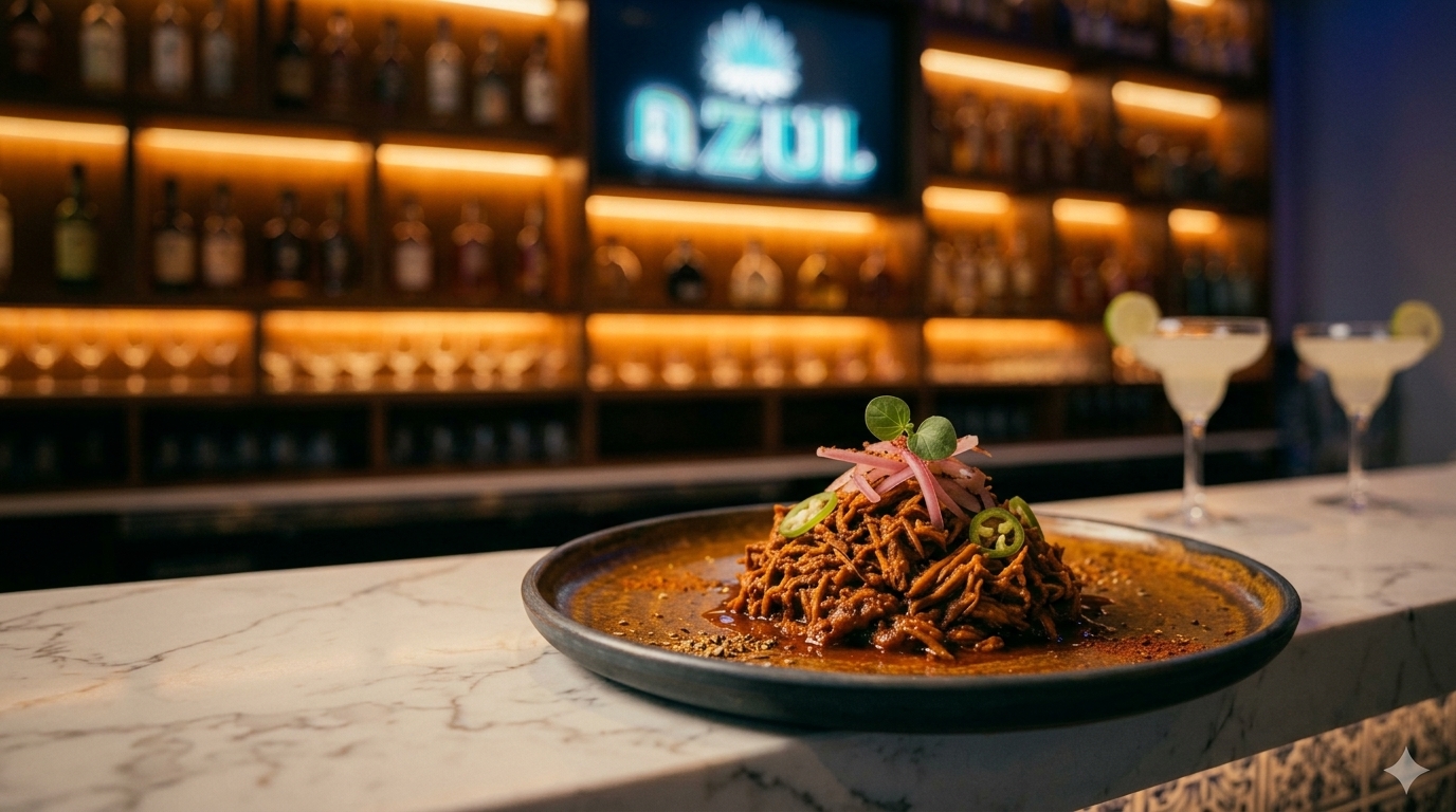 Shredded cochinita pibil on a dark plate, topped with pickled red onion and sliced jalapeño, with backlit bottle shelves behind