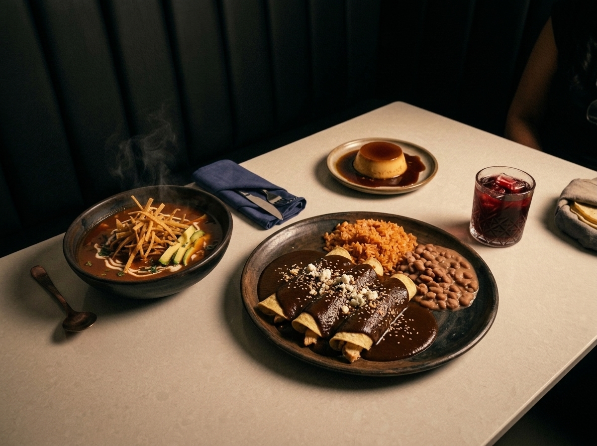 Tortilla soup, enmoladas with rice and beans, a flan with cajeta and a glass of agua de jamaica on a table at Azul